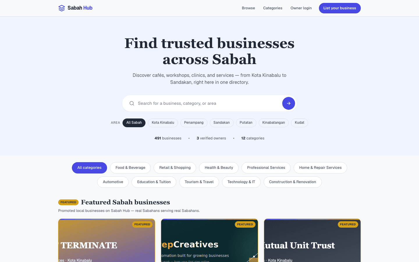 Sabah Business Hub website, built by First Step Creatives